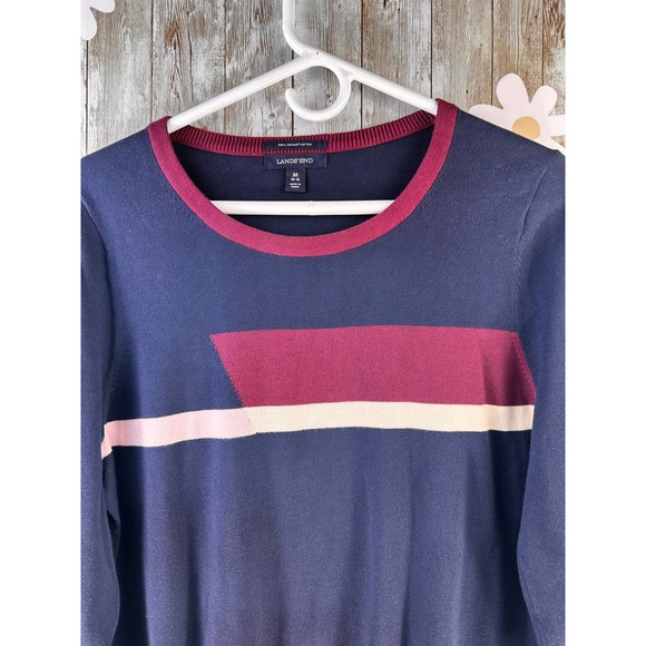 Lands' End Women's Sweater Sz Medium Navy Cranberry Colorblock Crew Neck Knit - Picture 3 of 7